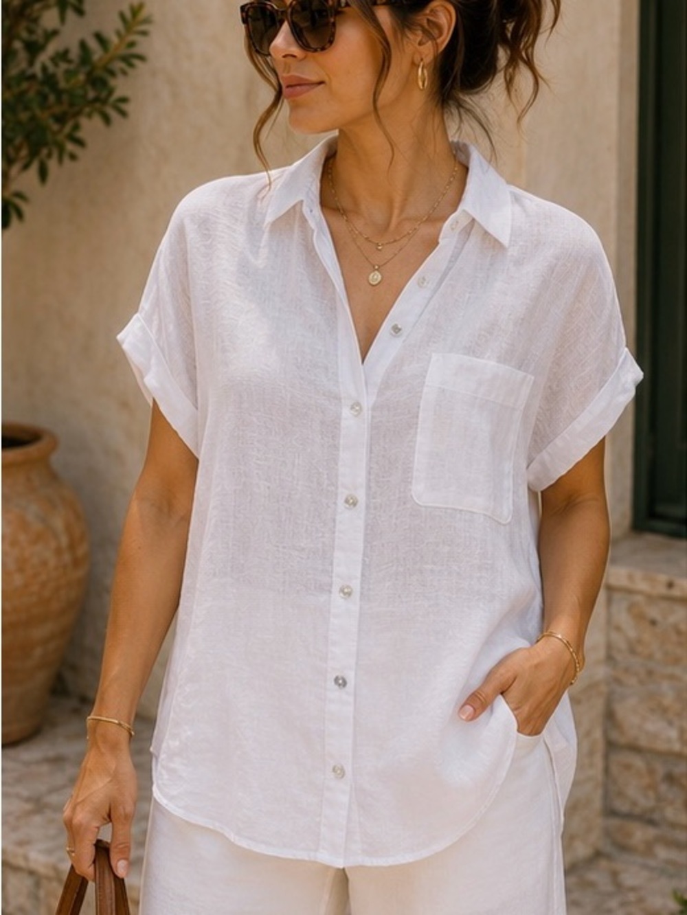 Rachel Zoe 100% Linen White Boxy Button-Up Tunic Shirt Size L